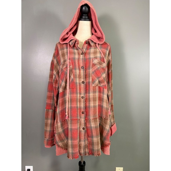 Oli & Hali Tops - Oli & Hali Plaid Hooded Shacket M Waffle Knit Grunge Boho Shabby Mixed Media